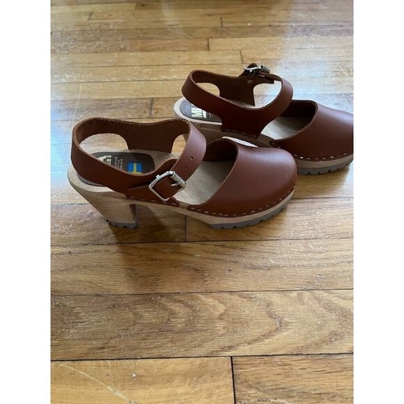 MIA Abba Summer Wooden Clog Sandals Sweden Size 38 Luggage Brown Leather - Picture 8 of 15